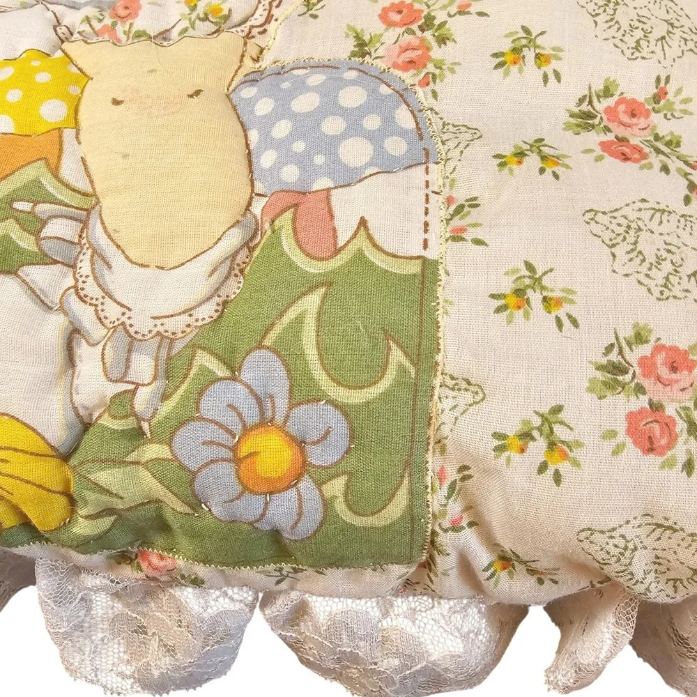 1980s Cabbage Patch Kids Lace Trim Floral Mushroom Pillow Yarn Hair 1980s 20in